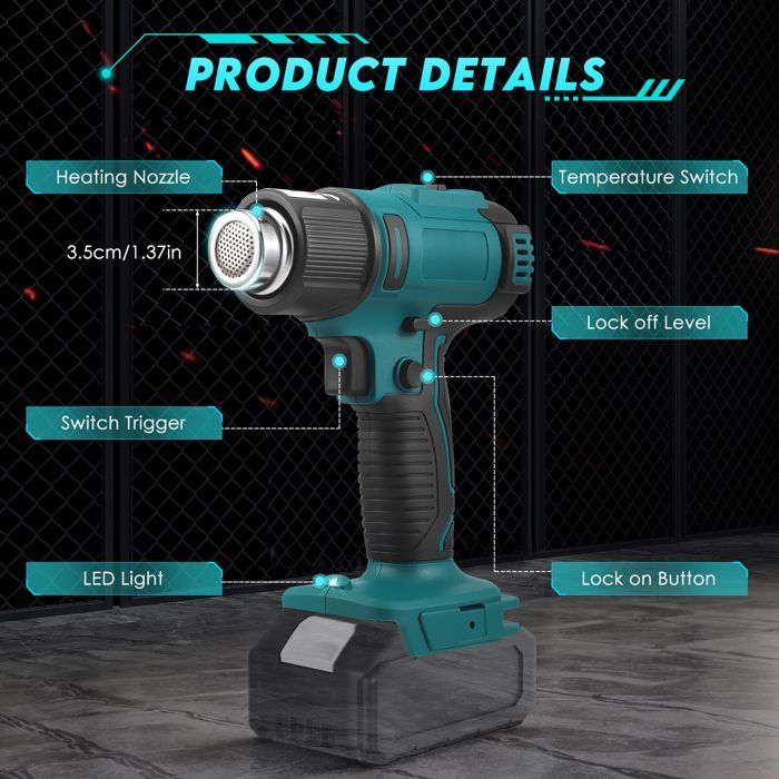 Écran Décapeur Thermique Sans Fil Compatible Makita 18V (Sans Batterie),Pistolet à Air Chaud avec Température Réglable 280-550 ℃