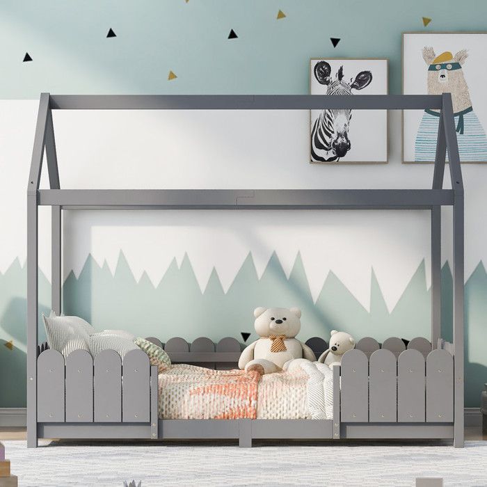 Lit enfant - Maison - Bois massif - Gris - Protection contre les chutes