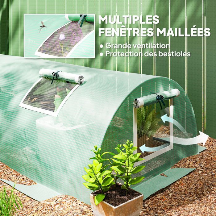 Mini invernadero de jardín - Outsunny - túnel para tomates de polietileno de alta densidad resistente a los rayos UV con 5 puertas de malla - acero - 300x80x45cm - verde