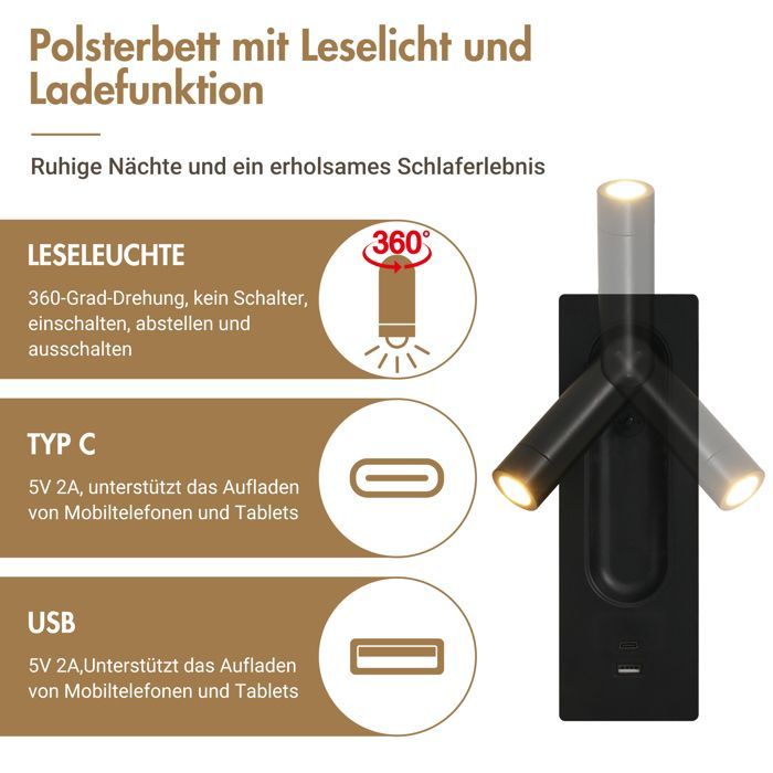 Lit Double 180x200 cm avec Lampe de Lecture Rotative, Chargement USB et Type C Lit Coffre Rangement Hydraulique Beige en lin
