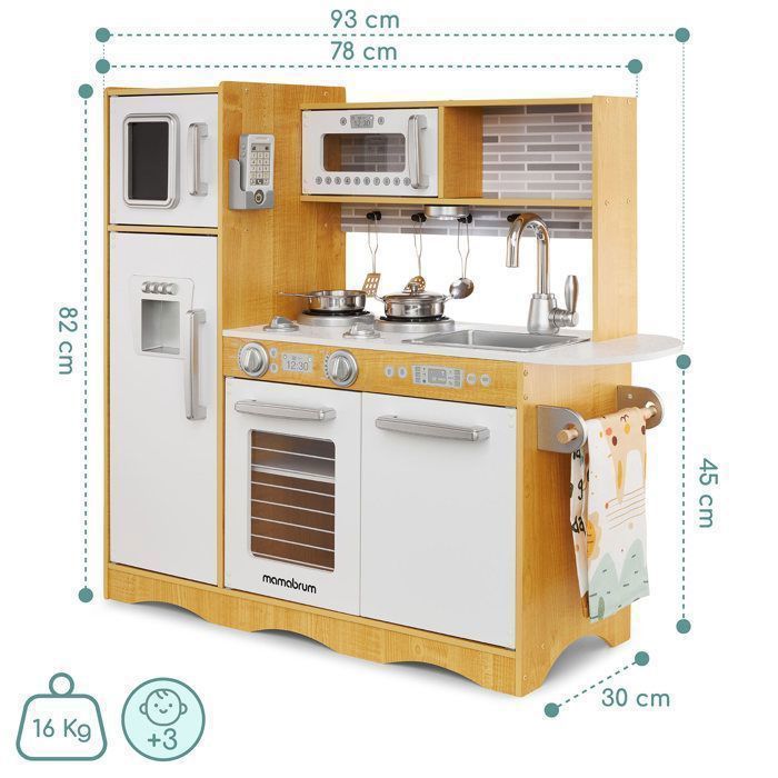 Cocina de juguete de madera con luces LED Mamabrum para niños, 93x30x83 cm - con nevera, microondas, vitrocerámica, utensilios y delantal - para niños de 3 años en adelante