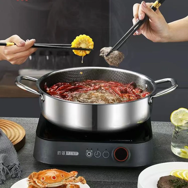 Poêle à soupe wok en acier inoxydable 410, fond alvéolé, antiadhésive, compatible induction et gaz, 28/30 cm