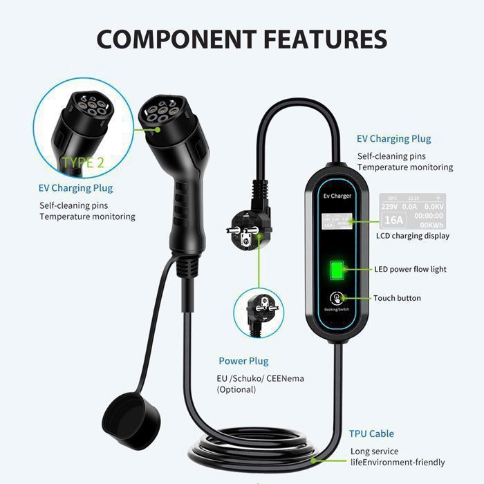 Chargeur pour Véhicule Electrique 3,5kW 8-16 A Chargeur de Type 2 avec Ecran et Intensité Réglable, Indice de Protection IP65