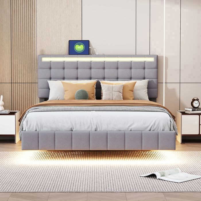 Zwevend bed 140x190 cm met LED-verlichting, bedframe, DAIDAI, lattenbodem, 140x190 cm, Scandinavische stijl, grijs linnen