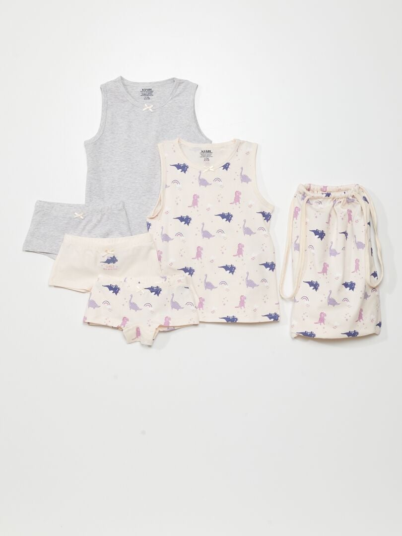 Conjunto de 2 camisetas + 3 calças culote + 1 sacola com cordão - 6 peças - dinossauro