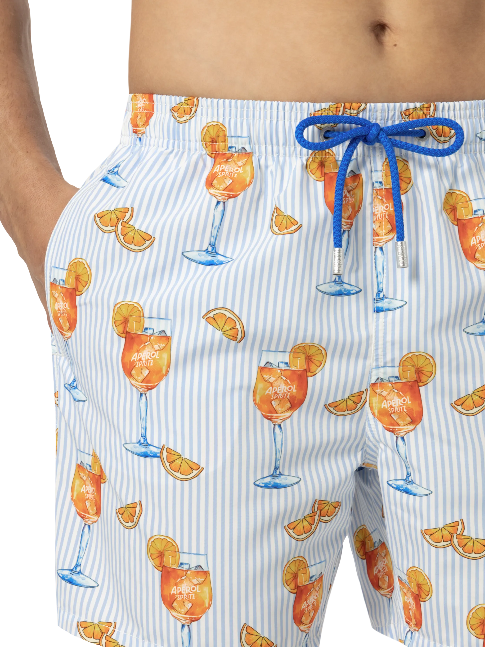 Costume mare lunghezza media Gustavia con stampa Aperol Spritz e righe