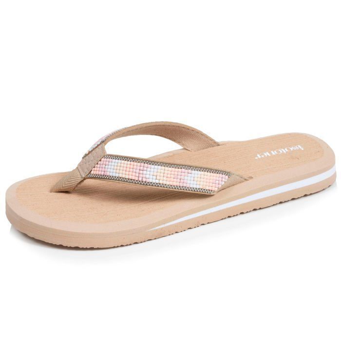 Chanclas Isotoner con suela sintética, cómoda separación entre los dedos, ligeras para mayor comodidad al caminar, calzado de yoga beige para mujer.