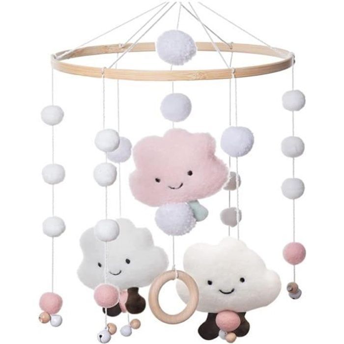Muzikale mobiel voor babybedje van hout en vilt - Baby - Roze - Vilten balletjes - Katoenen speeltjes - Belletjes
