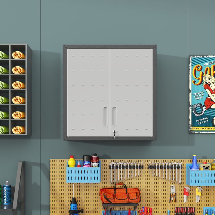 Armario metálico mural para herramientas - Mueble de almacenamiento para taller - 75x77x30 cm - 2 puertas con cerradura, estante ajustable, acero - Gris