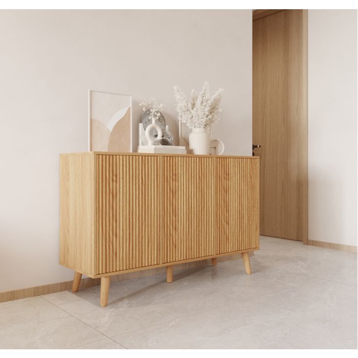 Buffet Enfilade RENZO - Design 3D Strié - 3 Portes Push-to-Open - L 120 cm - Chêne Alba Mat - Pieds 15 cm - Style Scandinave
