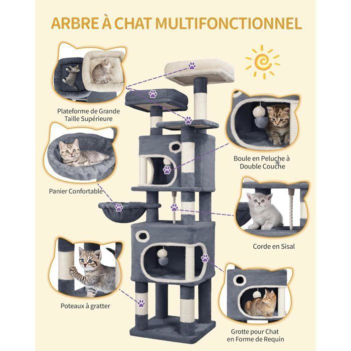 Arbre à Chat Hauteur 159 cm, Tour de Jeux pour Chat avec 8 Griffoirs, 3 Plateformes, 2 Niches, Panier, Pompons, Gris Foncé