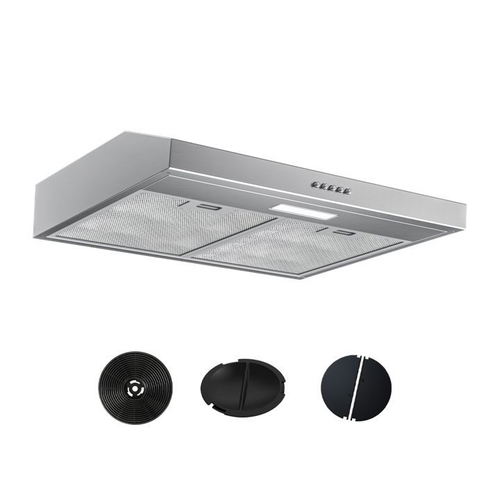 FIREGAS 60cm afzuigkap, keukenafzuigkap zonder afvoerbuis, 3 snelheden, met koolstoffilters, zilver