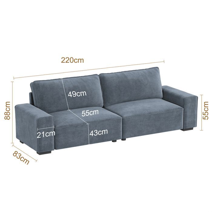 Comfortable 3-seater sofa in grey chenille, sofa with wide armrests, thick spring cushions for living room, 220×82×84cm