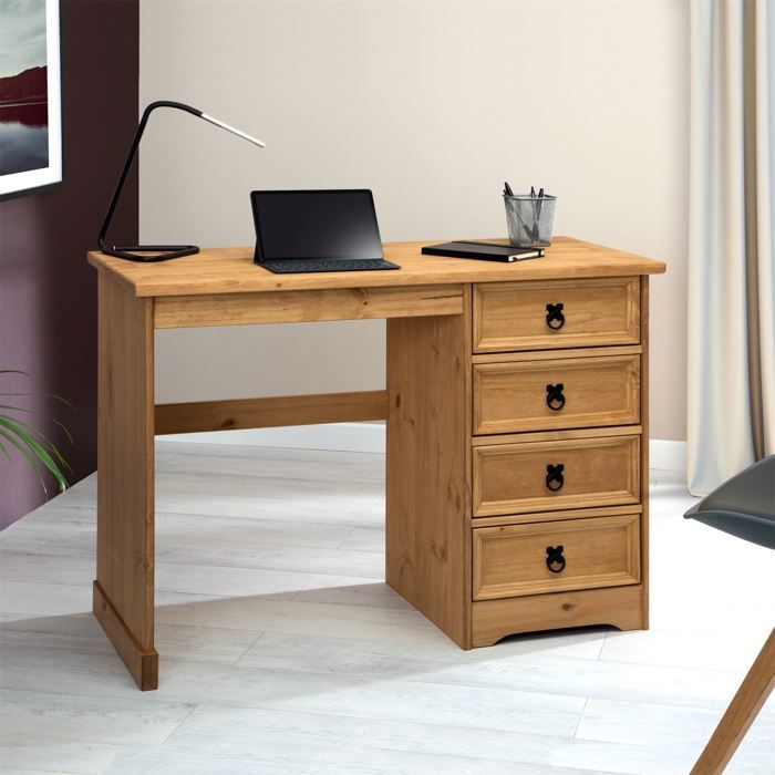 SALSA desk with 4 drawers in solid pine with a stained/waxed finish, Mexican style