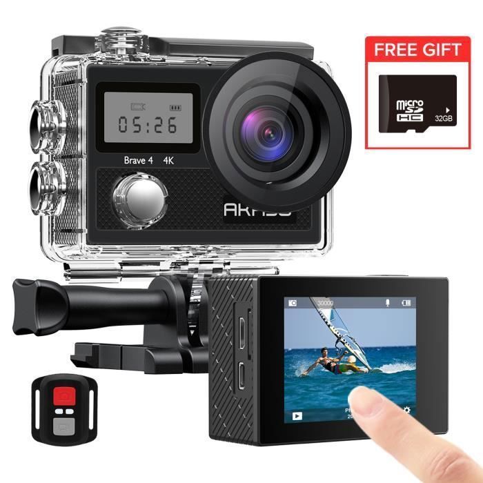 Videocamera sportiva impermeabile AKASO Brave 4 4k, WiFi, 20MP Ultra HD, schermo LCD, angolo di visione di 170°, EIS, impermeabilità fino a 30 metri, con scheda da 32 GB, nera.