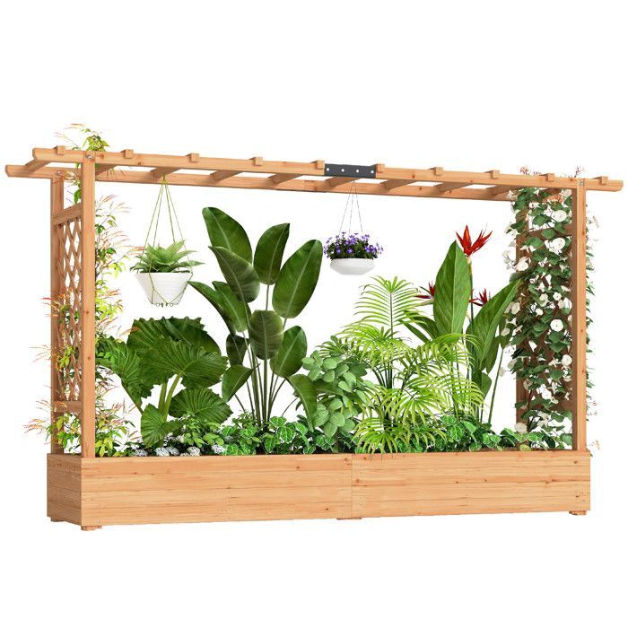 Macetero elevado Outsunny con celosía lateral y superior y orificios de drenaje para plantas trepadoras. Madera natural.