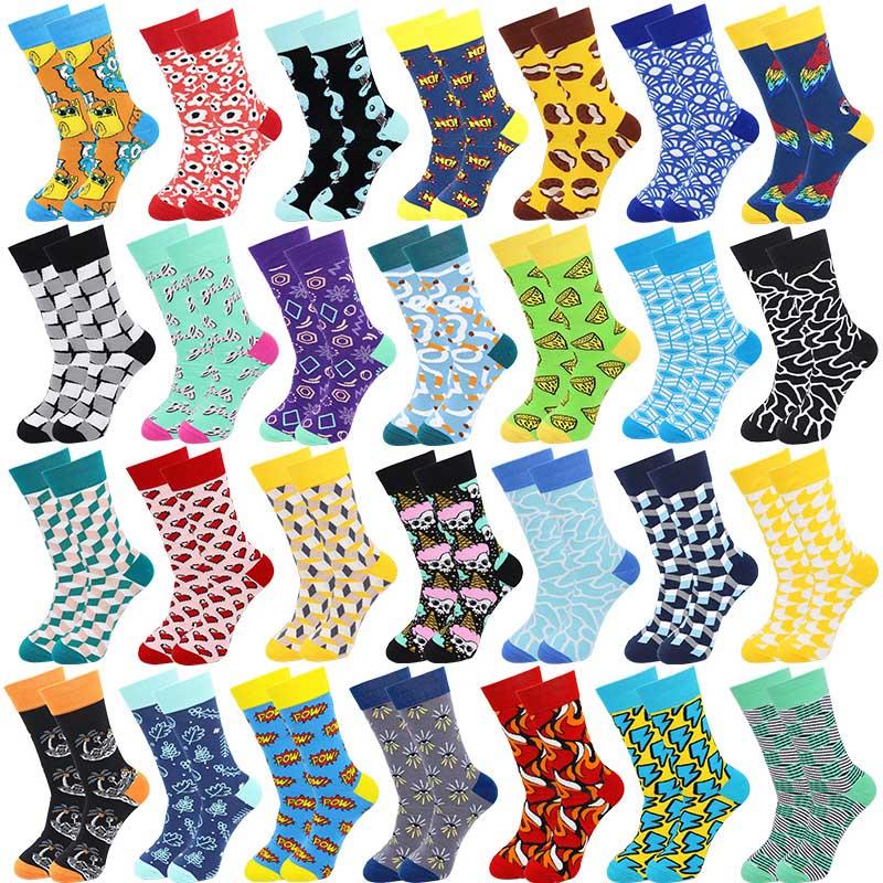 Chaussettes colorées pour hommes, style Harajuku, géométriques, à carreaux, amusantes et originales, en coton, unisexe, streetwear, cadeau de Noël