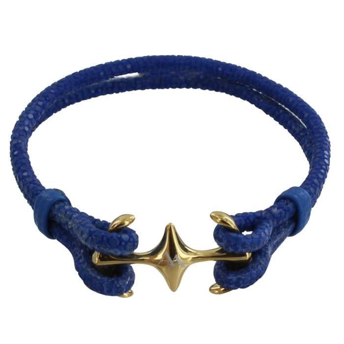 Les Poulettes Bijoux - Unisex Rhodium-Plated Gold Bracelet with Double Anchor and Shagreen - 18cm - Azure