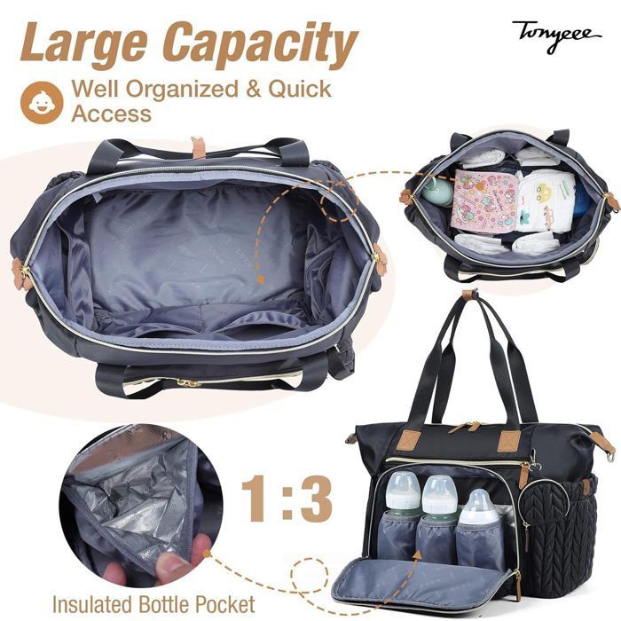 Bolso cambiador grande con cambiador integrado, práctico y elegante - Negro - 11,8
