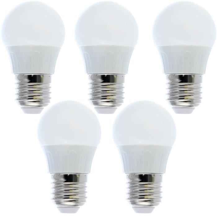 Bombillas LED E27 de 5W, luz blanca fría - Paquete de 5 - Forma esférica - Equivalente a 40W - Clase energética A+