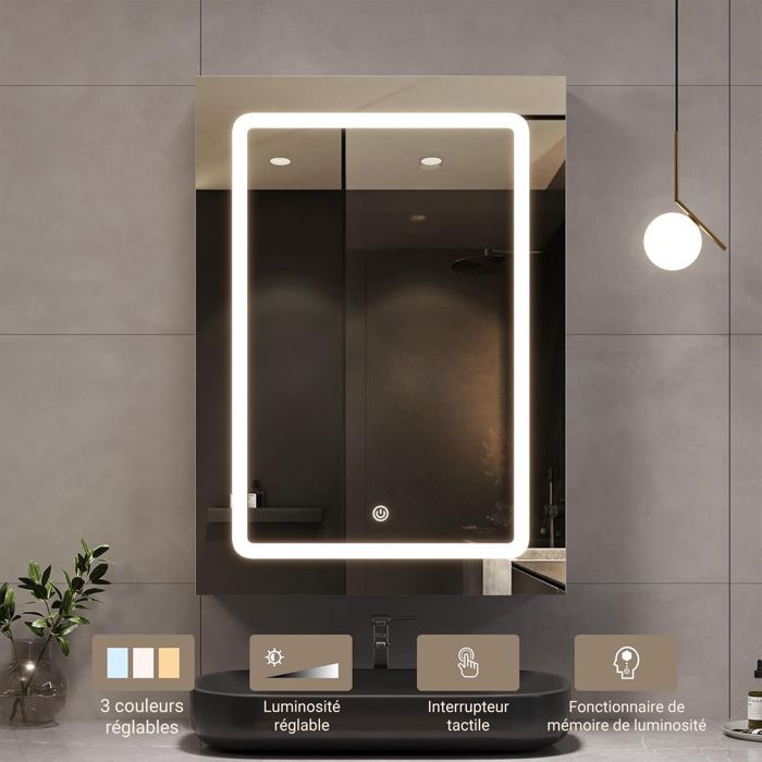 Armoire Murale de Salle de Bain avec LED Miroir, Meuble Salle de Bain Rangement avec 1 Porte, Blanc, 50x15x70 cm