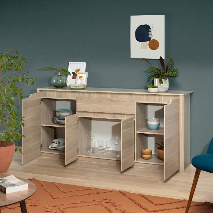 Aparador bajo - Tablero de partículas - Acabado roble Dakota - 4 puertas + 1 cajón - Betty - Ancho 185 x Profundidad 46 x Alto 85,5 cm