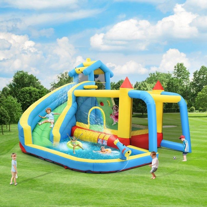 Château gonflable enfants Aire de Jeux Gonflable avec Souffleur Toboggan Trampoline Piscine Pistolet Escalade pour 3 à 10 ans