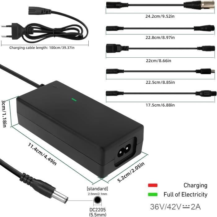 Cargador para patinete eléctrico, cargador para hoverboard de 42 V/36 V y 2 A, cargador de batería universal con 6 conectores para patinete eléctrico M365.