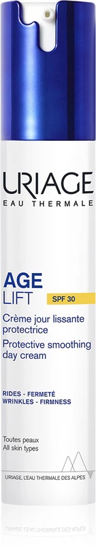 „Uriage Age Lift“ apsauginis lyginamasis dieninis kremas su SPF30, dieninis kremas nuo raukšlių ir pigmentinių dėmių.