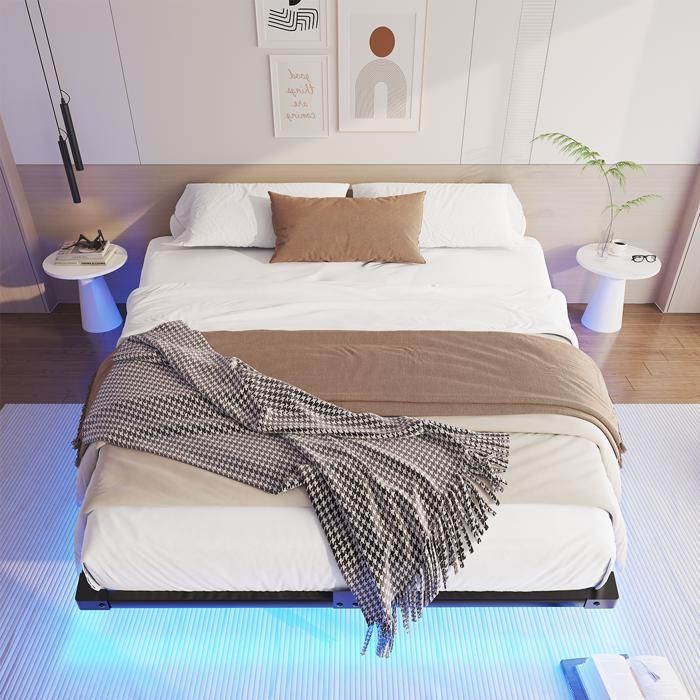 140 x 190 cm Bed Frame with Metal Slatted Base - NHHF - with LED and USB - 21 cm Under-Bed Storage for Bedroom - Double Bed