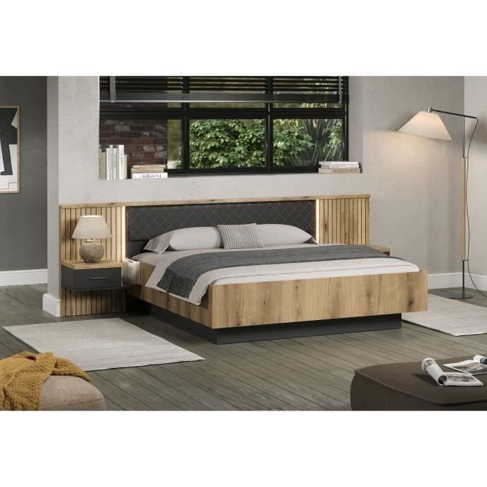 Lit avec chevets et éclairage indirect - ESTEBAN - 180 x 200 cm - Chêne blond / Anthracite - TRENDTEAM