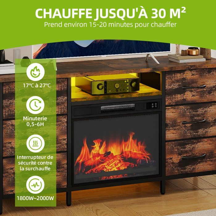 Balconera 1800W/2000W Electric Fireplace - 30㎡ Heating Area - 17-27°C - 6 Drawers - 120cm Wide