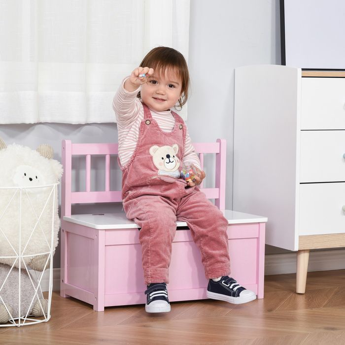 Coffre à jouet enfant - banc de rangement - HOMCOM - 2 en 1, couvercle rabattable, charnières de sécurité - 60 x 30 x 50 cm - rose