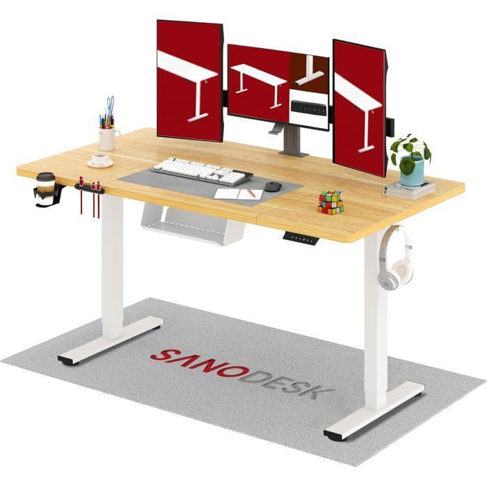 SANODESK Elektrisch zit-sta bureau 160x60cm, met antibotsingssysteem en geheugenfuncties, haak/bekerhouder, esdoornhout