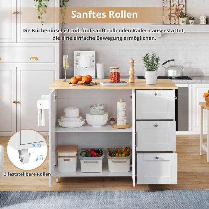 Îlot de Cuisine -Armoire de Cuisine avec 3 Tiroirs-135 × 44 × 90 cm-blanc