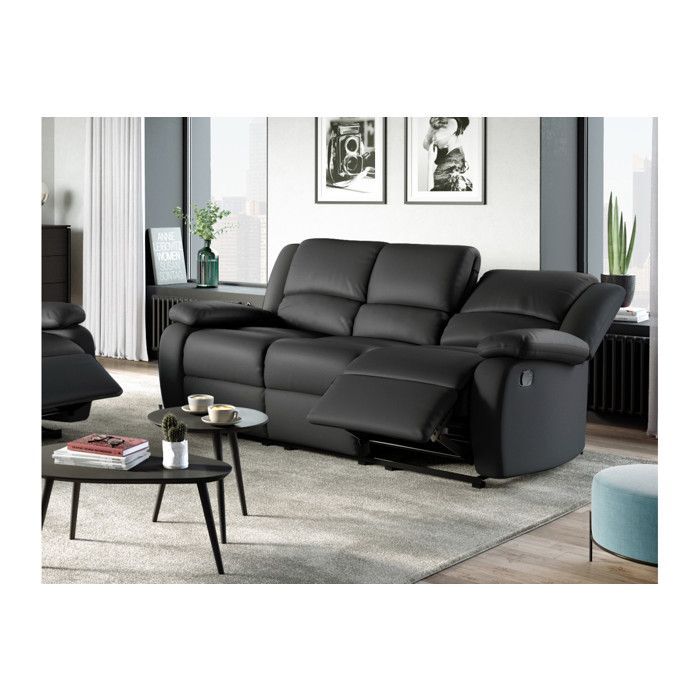 LEO 3-Sitzer-Relaxsofa in Kunstleder - Schwarz - B 193 x T 93 x H 96 cm - LOUNGITUDE