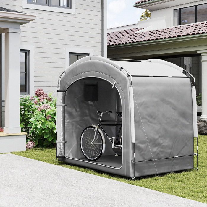 Tenda portabici portatile Outsunny per 3-4 biciclette, con 2 tasche laterali, 205 x 140 x 188 cm, grigio scuro.