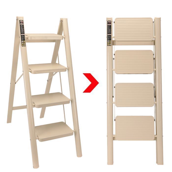 Escalera de 4 peldaños - Escalera plegable TOKIUS con plataforma antideslizante - Escalera de aluminio resistente, ligera y portátil, color beige.