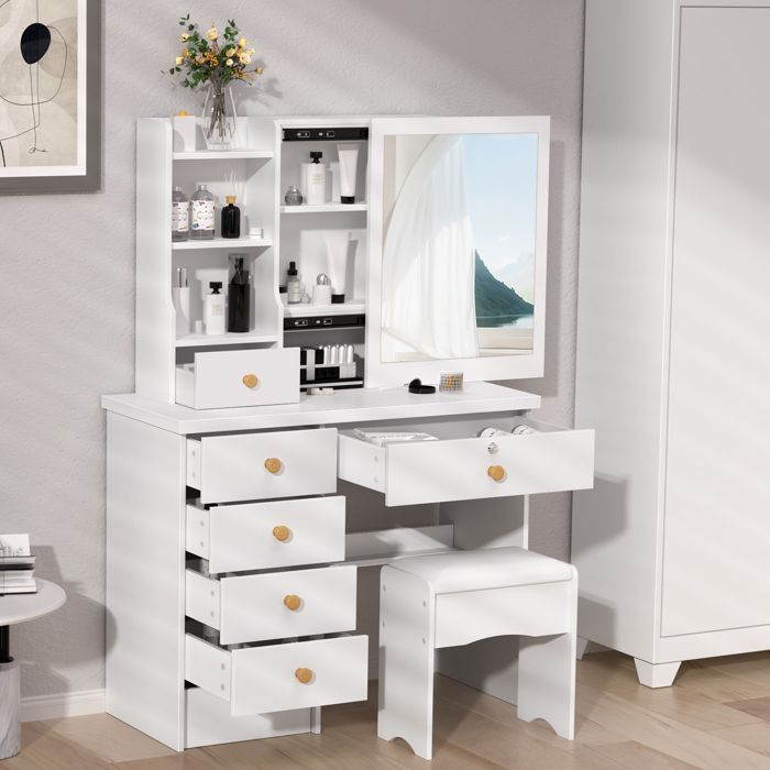Dressing Table with Sliding Mirror - Modern Makeup Table - 6 Drawers - 3 Shelves - 80x37x122cm