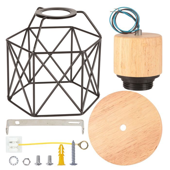 SNOGOLD Plafonnier Industriel Lampe de Plafond Rétro en Métal et Bois, Vintage E27 Luminaire Hexagone Cage Noir pour Salon Chambre