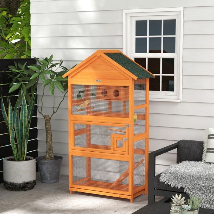 Jaula de madera para pájaros, jaula para loros, zona de juegos, techo de asfalto impermeable, 92 x 52 x 171 cm, naranja