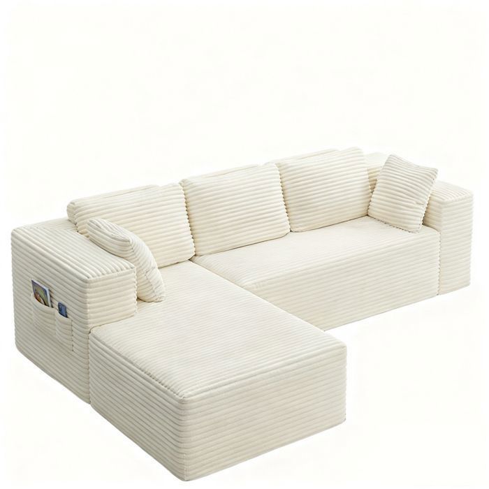 Vändbar hörnsoffa - Bealife - 4-sits - L-formad böjbar soffa - Corduroy - Skandinavisk stil - Ingen montering krävs - Beige
