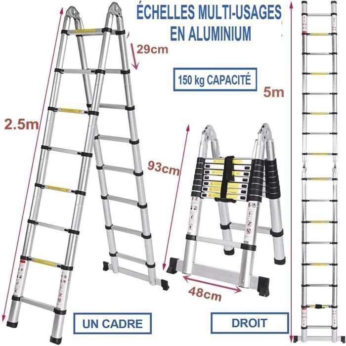 Échelle Télescopique Pliante 5M - Eloklem, Ultra-épais et léger Aluminium,Anticorrosion et Antirouille,16 Echelons,Charge max 150 kg
