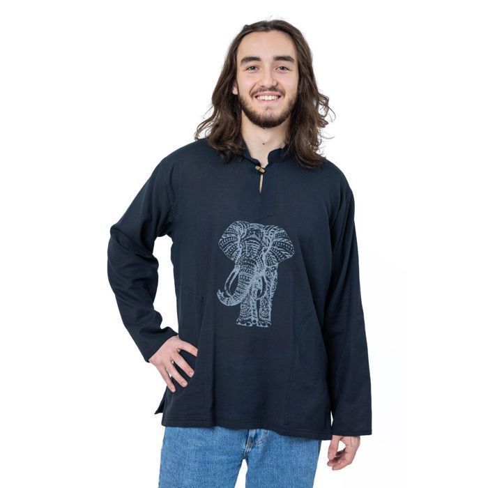 Fantazia - Camisa de hombre - Camisa negra con cuello mao y estampado de elefante Hatti