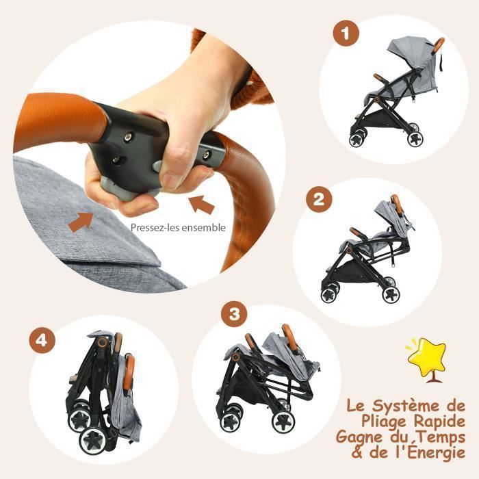 Poussette Bébé 0-3 Ans Pliable à une Main avec Tige COSTWAY Dossier-Repose-pieds Réglables-Auvent Rétractable-Sangle d'Attache Gris