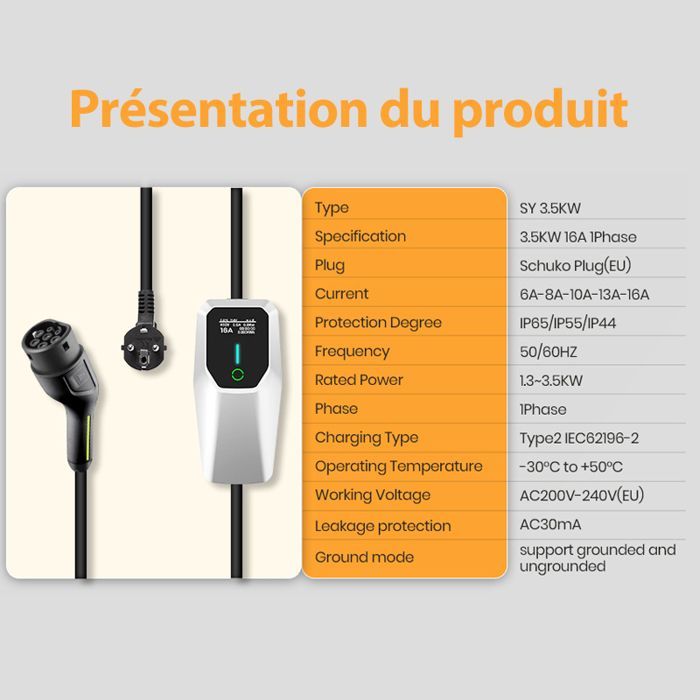 Wallbox 3.5KW EV Chargeur 6-8-10 -13-16A Puissance 1,3 ~ 3,5KW  IP65 Prenez rendez-vous pour facturer pendant 1 à 10 heures 4 mètres