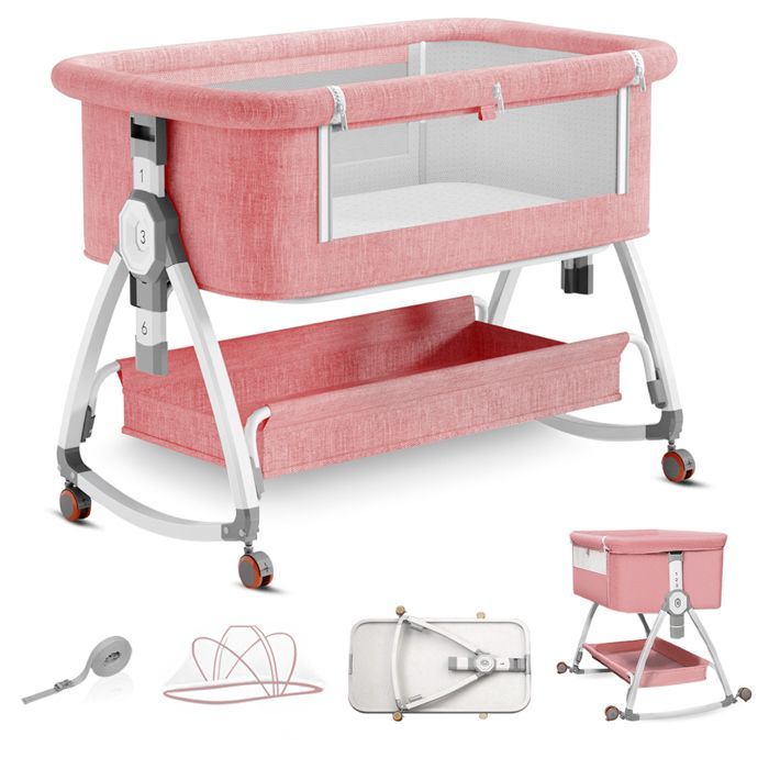 Baby Co-Sleeping Crib with Mattress, Storage Basket, Fixed Strap, 6 Adjustable Heights, Co-Sleeping Crib for Babies 0-18 Months - Pink