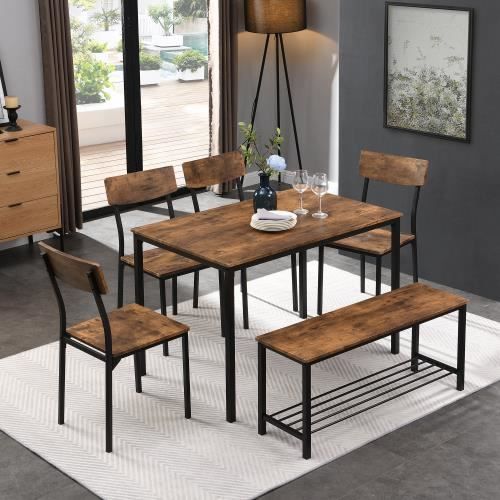 Dining Table and 4 Chairs with Bench for Dining Room - 6-Piece Set, Table 110 x 70 x 75 cm - Brown and Black