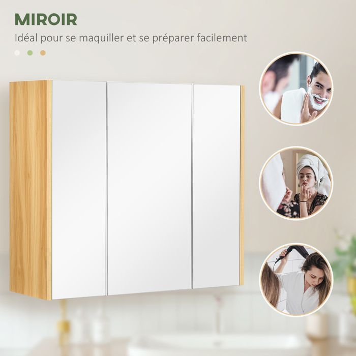Armoire miroir - kleankin - salle de bain armoire de toilette 3 portes 4 étagères - bois - 68x22x60cm - blanc