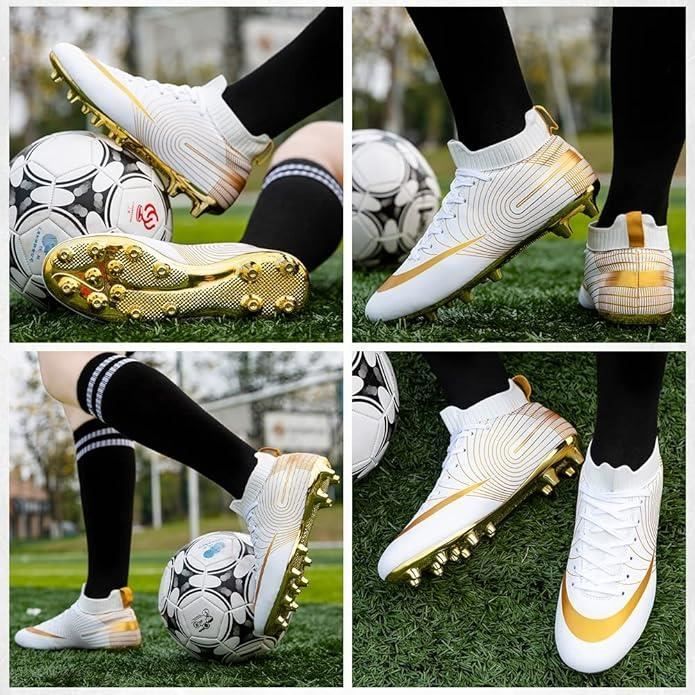 Botas de fútbol profesionales con tacos, calzado antideslizante unisex, color dorado y blanco.